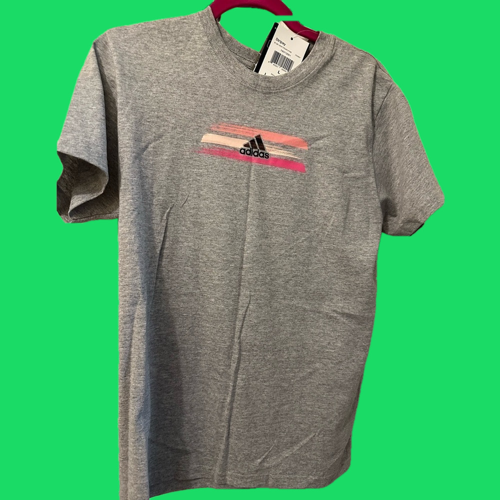 Ladies Adidas tshirt with pink stripes, size L. New with tags!!